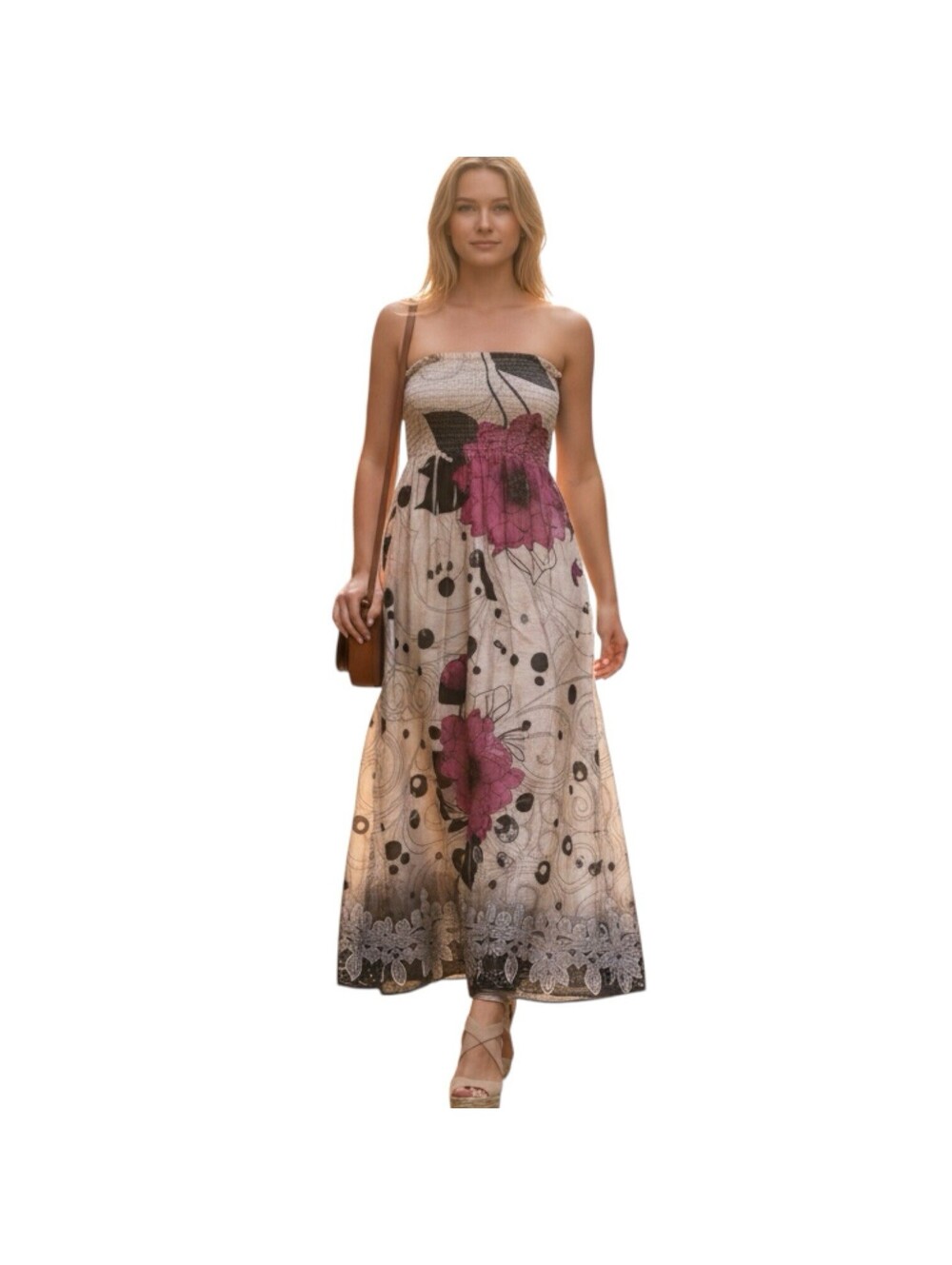 Lapis Pink Strapless Floral Midi Dress One Size Stretch Boho Summer Beach